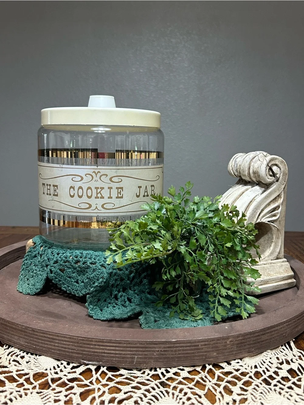 Vintage Pyrex “The Cookie Jar” Glass Canister with Gold Trim - Cream Lid